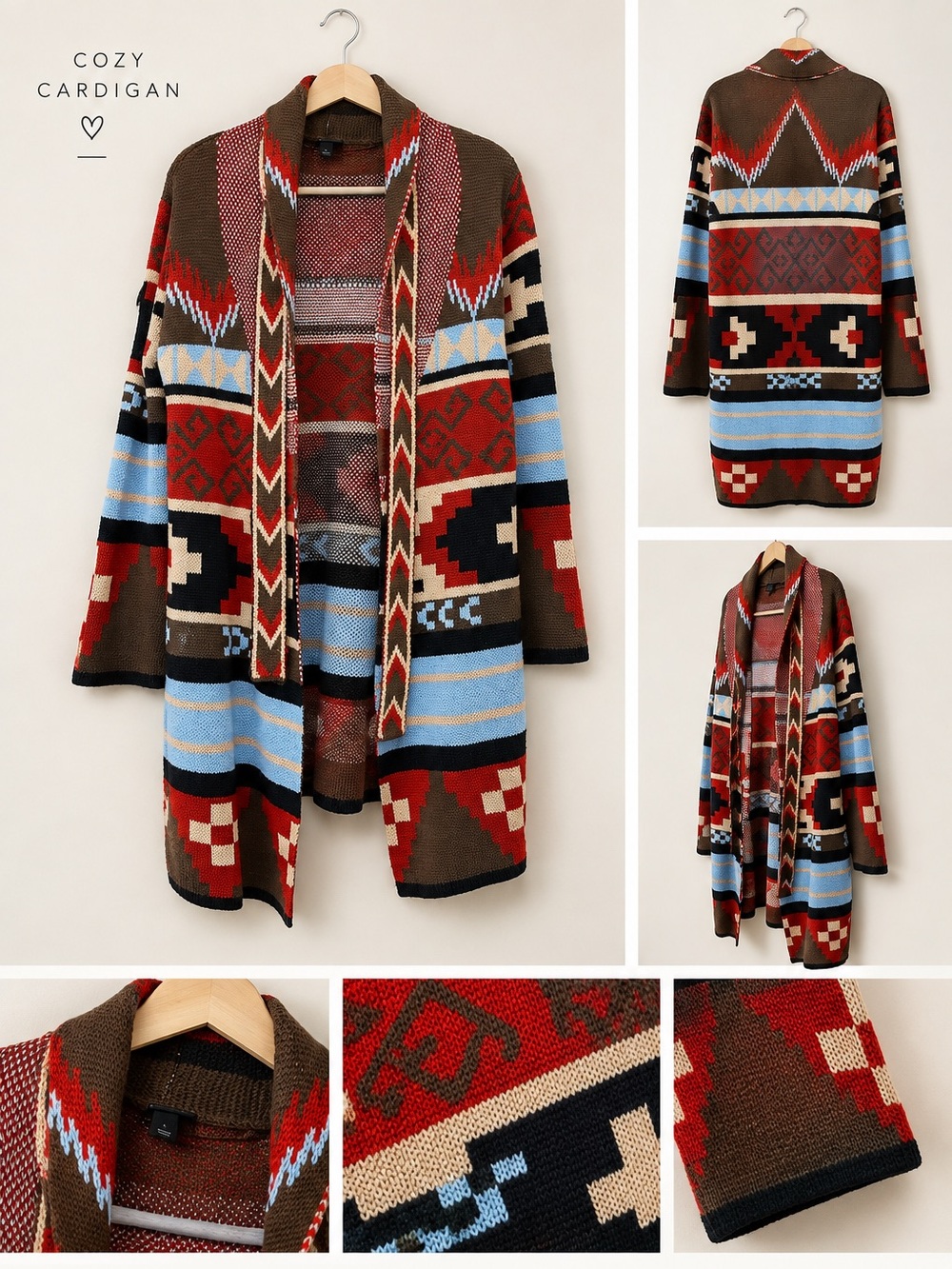 a.n.a Open-Front Aztec Cardigan in Brown, Red, Blue